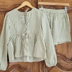 Striped Peplum Tie-Front Women’s Top in Light Sage